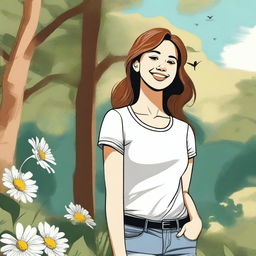 A detailed illustration of a young woman with a cheerful expression