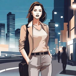 A detailed illustration of a young woman with a confident and stylish appearance