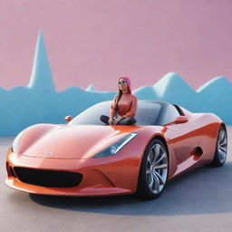 a 3D illustration of a whimsical animated character sitting casually atop an ultramodern super car, with a backdrop displaying an Instagram profile named 'GAUHAR'