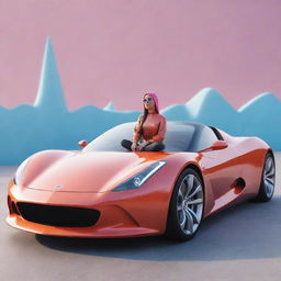 a 3D illustration of a whimsical animated character sitting casually atop an ultramodern super car, with a backdrop displaying an Instagram profile named 'GAUHAR'