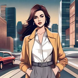 A detailed illustration of a young woman with a confident and stylish appearance