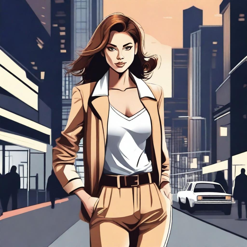 A detailed illustration of a young woman with a confident and stylish appearance