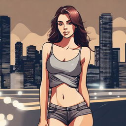 A detailed illustration of a young woman with a confident and stylish appearance