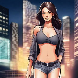 A detailed illustration of a young woman with a confident and stylish appearance