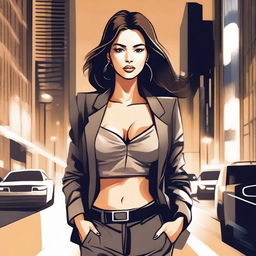 A detailed illustration of a young woman with a confident and stylish appearance