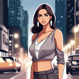 A detailed illustration of a young woman with a confident and stylish appearance