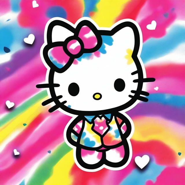 A vibrant and fun image of Hello Kitty with tie-dye patterns