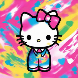 A vibrant and fun image of Hello Kitty with tie-dye patterns