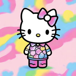 A cute cartoon image of Hello Kitty with a tie-dye pastel background