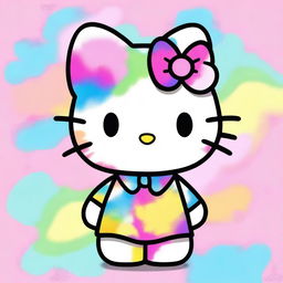 A cute cartoon image of Hello Kitty with a tie-dye pastel background