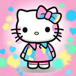 A cute cartoon image of Hello Kitty with a tie-dye pastel background