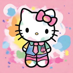 A cute cartoon image of Hello Kitty with a tie-dye pastel background