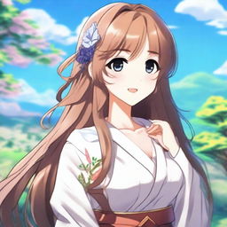 Create an image of a beautiful anime waifu with long flowing hair, large expressive eyes, and a gentle smile