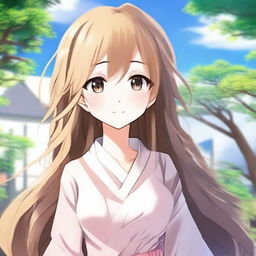 Create an image of a beautiful anime waifu with long flowing hair, large expressive eyes, and a gentle smile