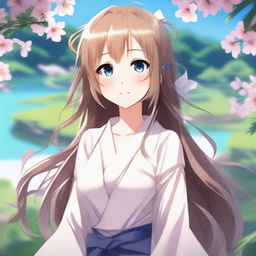 Create an image of a beautiful anime waifu with long flowing hair, large expressive eyes, and a gentle smile