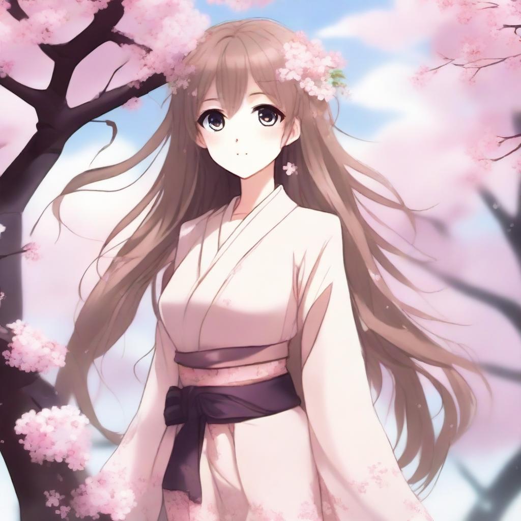 A beautiful anime-style waifu character with long flowing hair, big expressive eyes, and a cute outfit