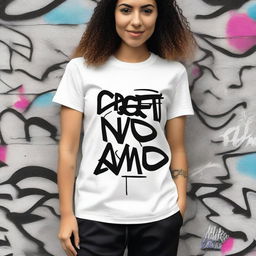 A white and black graffiti t-shirt with the phrase 'crente nao e matreco' written on it