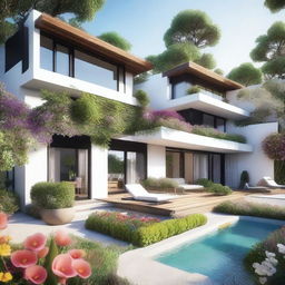 A small, sunny town featuring modern style houses with beautiful flowers and gardens