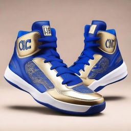 A pair of luxurious basketball shoes fit for a king, featuring intricate gold and royal blue designs