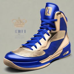 A pair of luxurious basketball shoes fit for a king, featuring intricate gold and royal blue designs