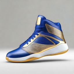 A pair of luxurious basketball shoes fit for a king, featuring intricate gold and royal blue designs