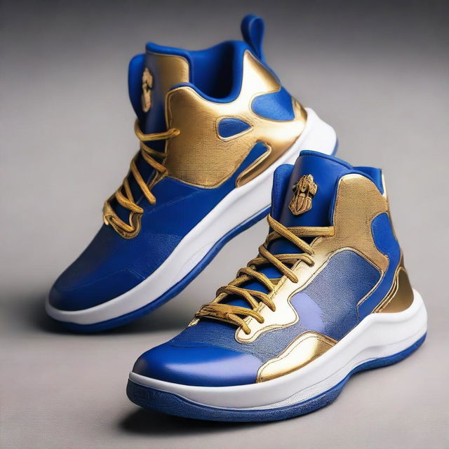 A pair of luxurious basketball shoes fit for a king, featuring intricate gold and royal blue designs