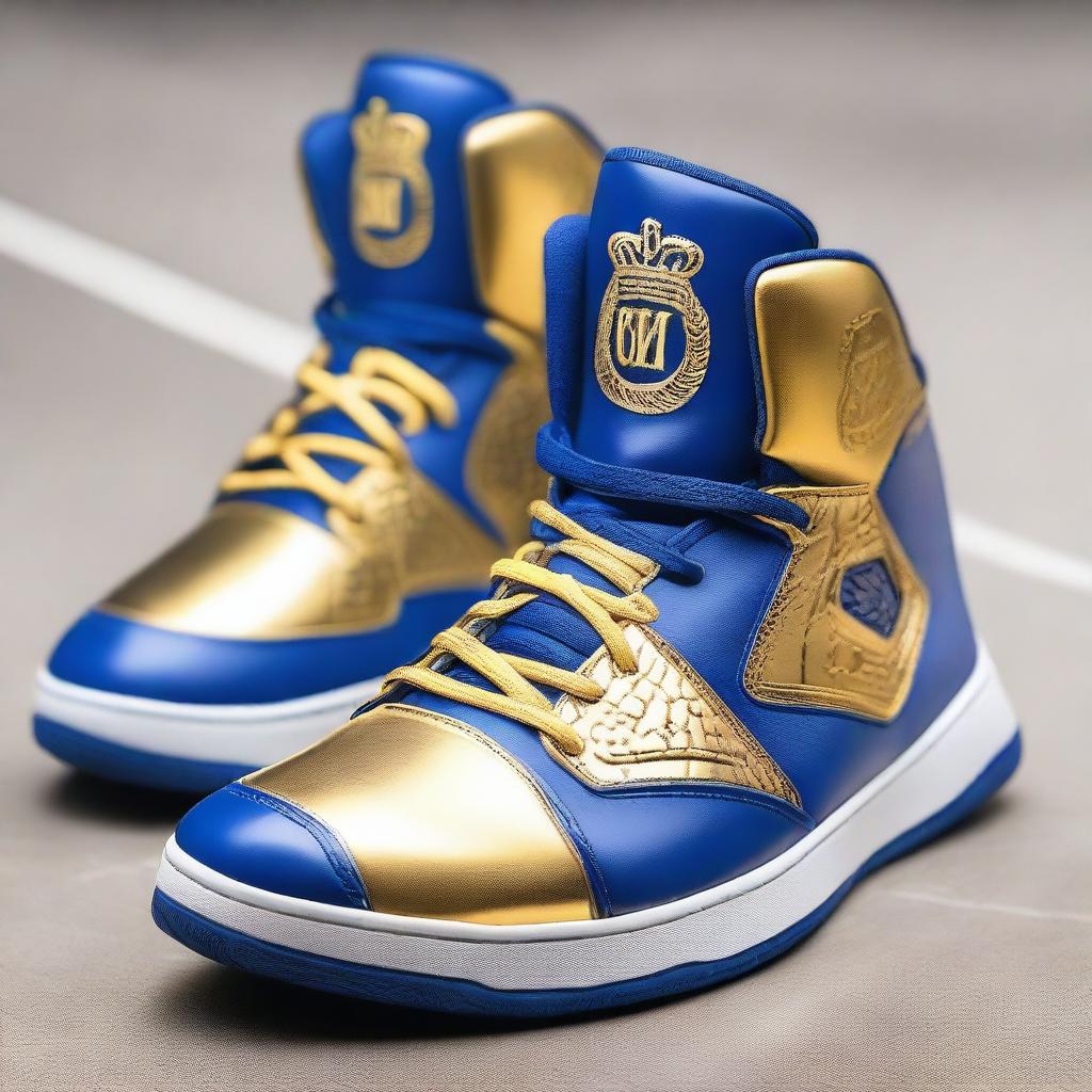 A pair of luxurious basketball shoes fit for a king, featuring intricate gold and royal blue designs