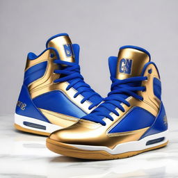 A pair of luxurious basketball shoes fit for a king, featuring intricate gold and royal blue designs