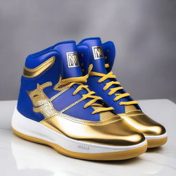 A pair of luxurious basketball shoes fit for a king, featuring intricate gold and royal blue designs