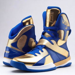 A pair of luxurious basketball shoes fit for a king, featuring intricate gold and royal blue designs