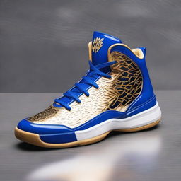 A pair of luxurious basketball shoes fit for a king, featuring intricate gold and royal blue designs