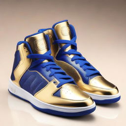 A pair of luxurious basketball shoes fit for a king, featuring intricate gold and royal blue designs