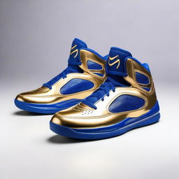 A pair of luxurious basketball shoes fit for a king, featuring intricate gold and royal blue designs