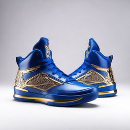 A pair of luxurious basketball shoes fit for a king, featuring intricate gold and royal blue designs