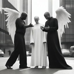 Three angels in modern clothes are pointing their fingers at a demon who is kneeling, also dressed in modern clothes