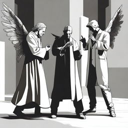 Three angels in modern clothes are pointing their fingers at a demon who is kneeling, also dressed in modern clothes