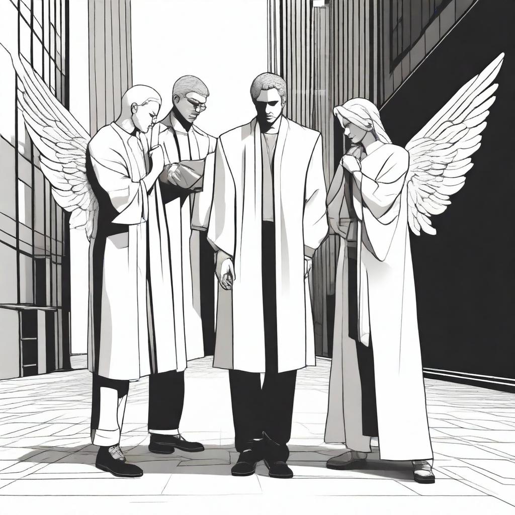 Three angels in modern clothes are pointing their fingers at a demon who is kneeling, also dressed in modern clothes