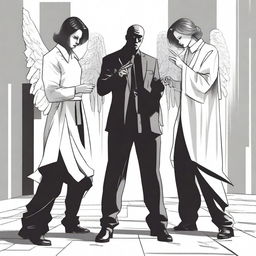 Three angels in modern clothes are pointing their fingers at a demon who is kneeling, also dressed in modern clothes