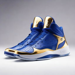 A pair of luxurious basketball shoes fit for a king, featuring intricate gold and royal blue designs