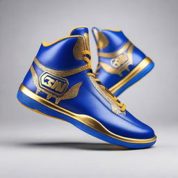 A pair of luxurious basketball shoes fit for a king, featuring intricate gold and royal blue designs