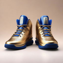 A pair of luxurious basketball shoes fit for a king, featuring intricate gold and royal blue designs