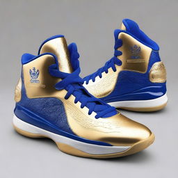 A pair of luxurious basketball shoes fit for a king, featuring intricate gold and royal blue designs