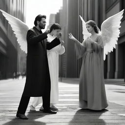 A realistic depiction of three angels in modern clothes pointing their fingers at a kneeling demon, also dressed in modern clothes