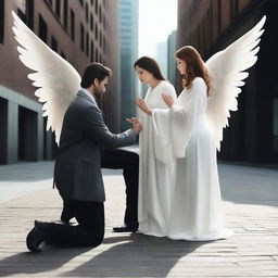 A realistic depiction of three angels in modern clothes pointing their fingers at a kneeling demon, also dressed in modern clothes