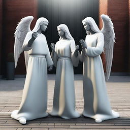 A realistic depiction of three angels in modern clothes pointing their fingers at a kneeling demon, also dressed in modern clothes