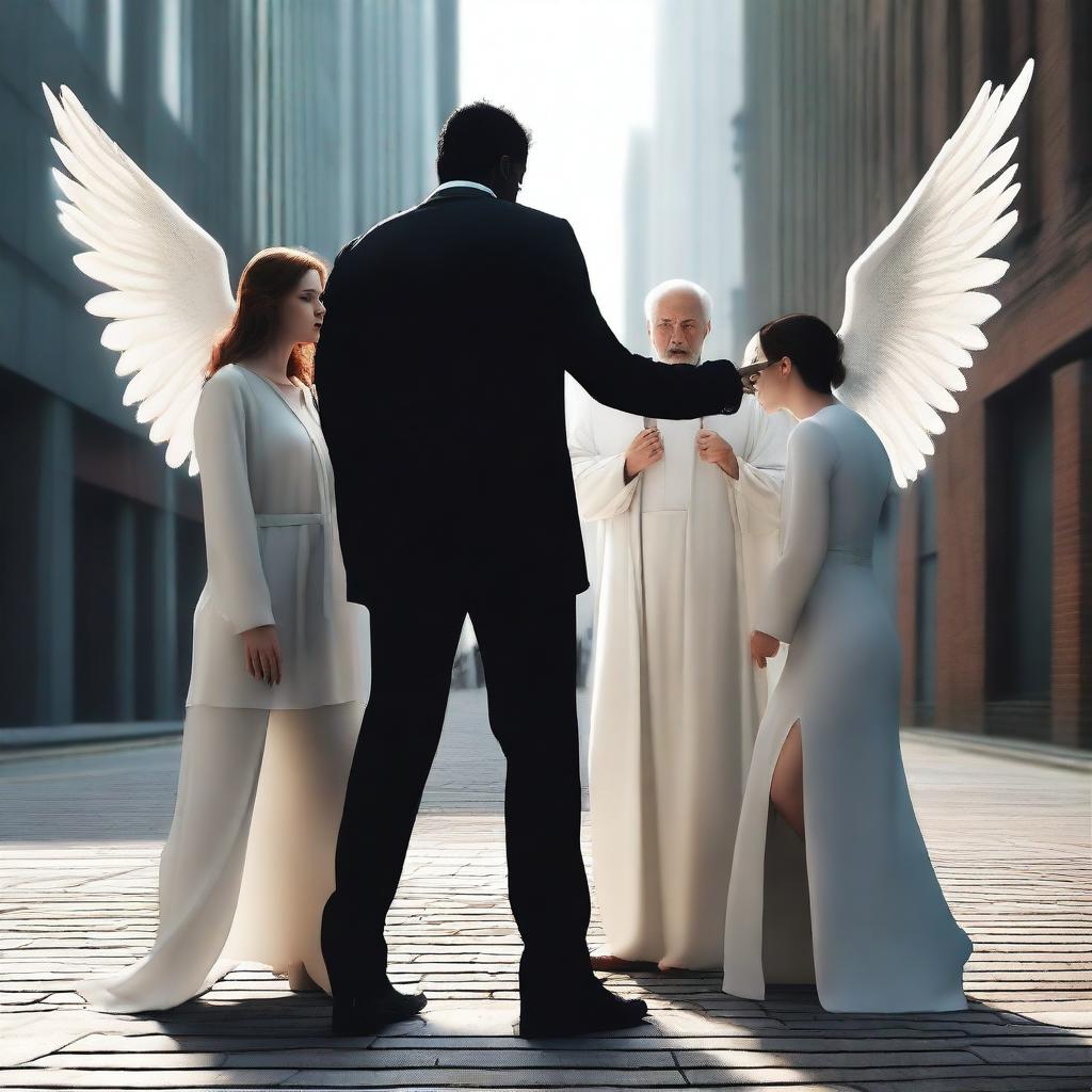 A realistic depiction of three angels in modern clothes pointing their fingers at a kneeling demon, also dressed in modern clothes