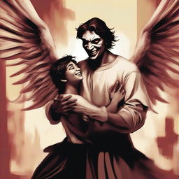 A large angel with a devilish smile is holding a small demon man with his hand