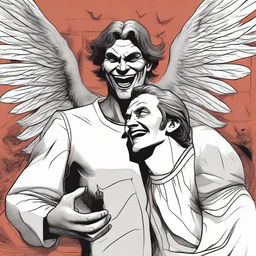 A large angel with a devilish smile is holding a small demon man with his hand