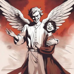 A large angel with a devilish smile is holding a small demon man with his hand