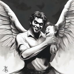 A large angel with a devilish smile is holding a small demon man with his hand